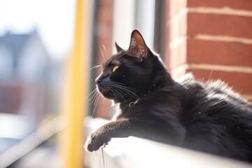 black cat stretched out on a windowsill basking in sunlight