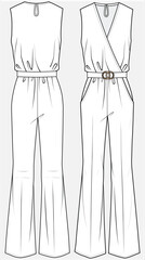 WRAP OVER JUMPSUIT PLAYSUIT WITH FIT AND FLARE DETAIL DESIGNED FOR WOMEN AND YOUNG WOMEN IN VECTOR ILLUSTRATION FILE