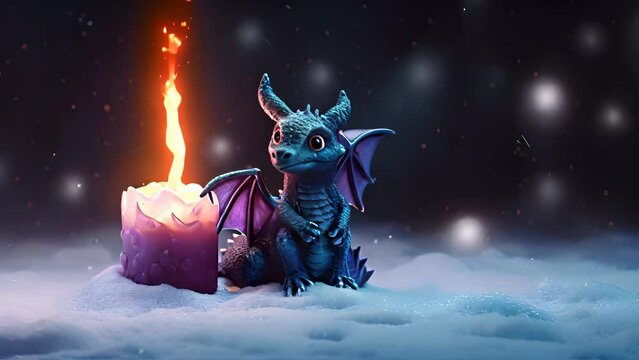 Funny cute dragon with candle for winter holidays and 2024 lunar new year celebration. Generated AI