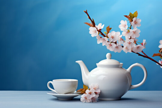 Cup of tea and teapot with cherry blossom on blue background. Copy space