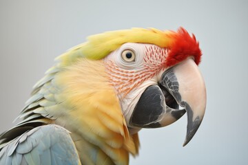 parrot on a perch in profile view, clear view of eye and beak
