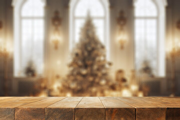 Wooden desk of free space and home interior with window and christmas tree.  © magdal3na