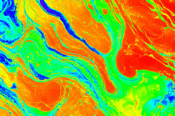 magine a close-up view of a mesmerizing surface, where vibrant colors dance and intertwine like ribbons in a cosmic wind
