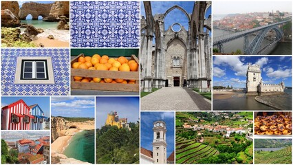 Portugal travel destinations postcard. Travel photos composition.