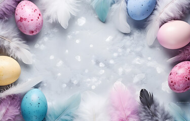 colorful pastel Easter eggs with color feathers on grey snowy background top view