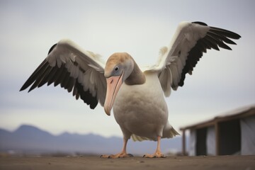 Obraz premium shot of albatross preening, wings unfurled