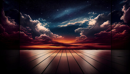 Dark floor background with sunset clouds and the night sky, background, Ai generated image. - Powered by Adobe
