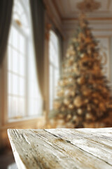 Wooden desk of free space and home interior with window and christmas tree. 