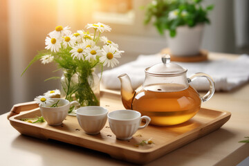 teapot and cups of chamomile tea on wooden tray. Transparent kettle with hot tea on a beautiful background in a room with sunlight from the window
 - Powered by Adobe
