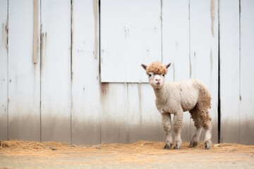 a baby alpaca standing before a weathered barn