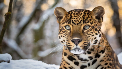 portrait of a jaguar in the snowy forest 
