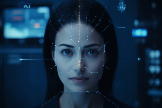 Young woman with futuristic HUD. Future technology concept, face scanning
