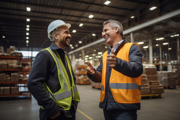 Portrait of mature warehouse workers talking in warehouse. This is a freight transportation and distribution warehouse. Industrial and industrial workers concept