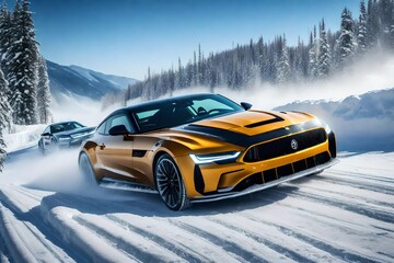 yellow car in snow