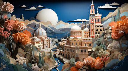 Italian village inspired by Naples. Created using the papercut technique. Marina and ensemble of...