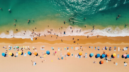 Ariel view of the Crowed  sandy beach and people swimming in beautiful clear sea water