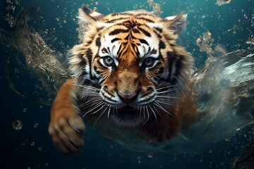Surprised Tiger underwater. wildlife animal background. Surreal concept art