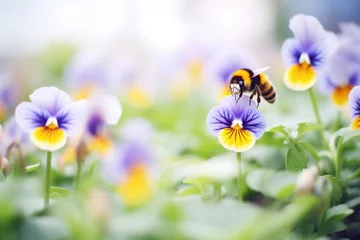 Rolgordijnen bee exploring a garden of pansies © primopiano