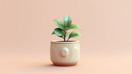 homemade green flower in a pot, a light flowerpot on a neutral background 3D.Generative AI