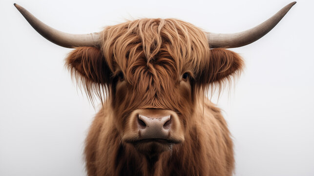 Detailed closeup of Scottish highland cow with horns on white background.