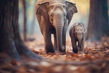 elephant mother and calf walking in forest