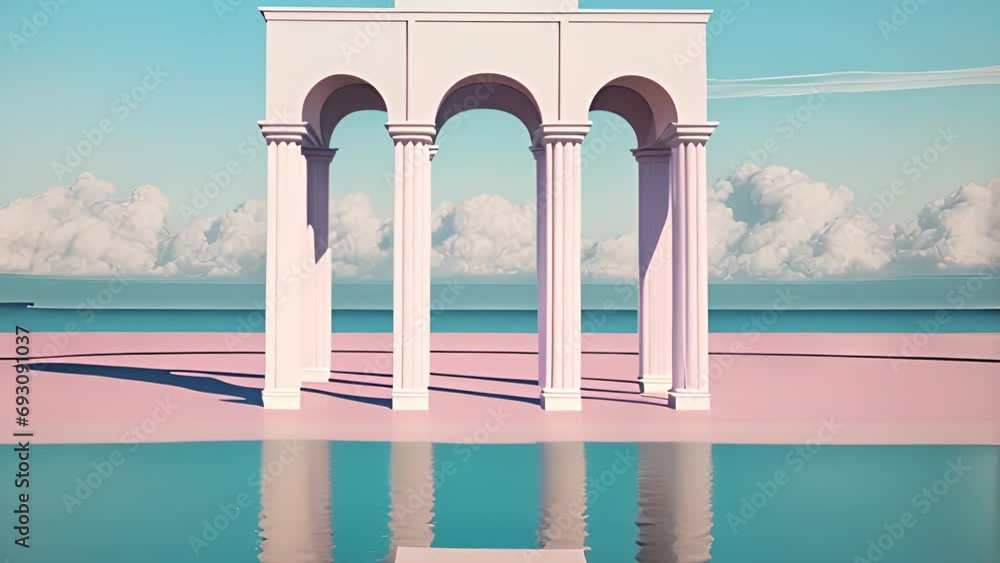 Poster vaporwave landscape with abstract building with pillars. 80s styled pink and blue minimalistic archi
