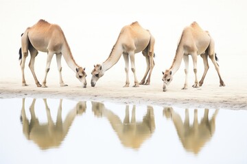 camels reflected in scarce desert water source
