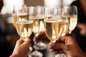 Closeup of bride and bridesmaids holding a glass of champagne in her hand