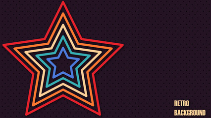 Abstract perforated retro vintage background with colored retro star. Design in futuristic 1970's 1980's 1960's era line frame retro style. Vector funky illustration.