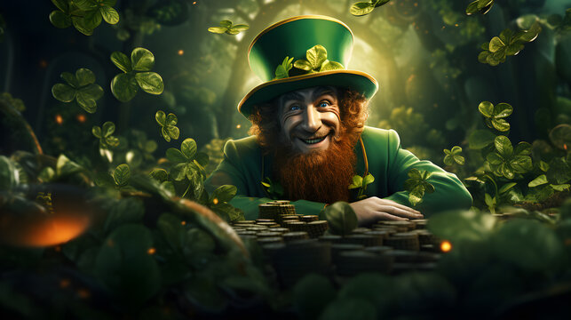 Duende en banner de fondo verde con treboles por el dia de San Patricio