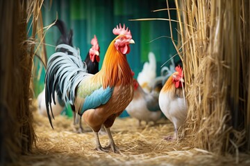 a rooster standing guard as hens peck in hay - obrazy, fototapety, plakaty