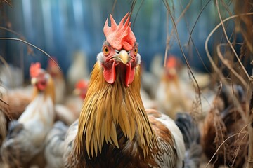 a rooster standing guard as hens peck in hay - obrazy, fototapety, plakaty