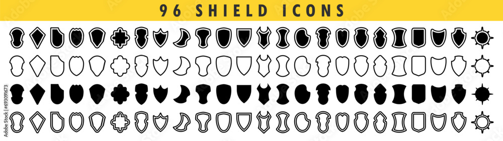 Poster shield icons big set with contours and linear signs. collection signs or symbols security and protec