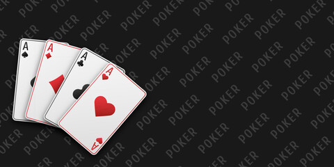 A hand fan of playing cards consisting Ace of Spades, Diamonds, Clubs, Hearts. Vector illustration poker of all the aces. Black poker table background.
