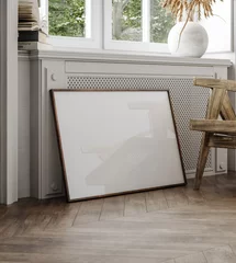 Selbstklebende Fototapeten Dunkelgrau Mockup poster frame close up near window, 3d render  © artjafara