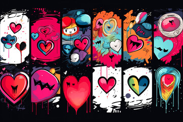 Obraz premium Style of street art with hearts with drips of paint on a dark background.