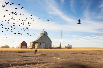 flock of crows invading a farm field post-harvest - obrazy, fototapety, plakaty
