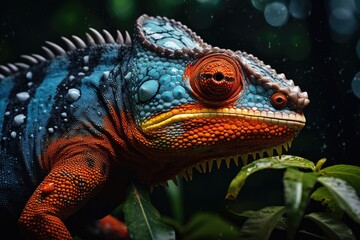 Fototapeta premium Red and blue chameleon among the leaves and vegetation, Generative AI