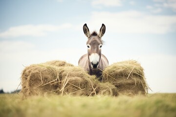 Obraz premium donkey loaded with hay bales in a field