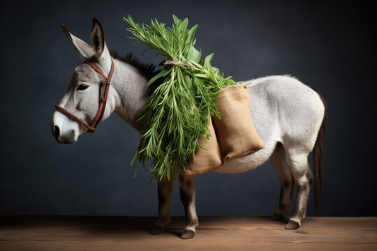 donkey with a saddlebag of fresh herbs