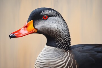 single black duck with bright red beak