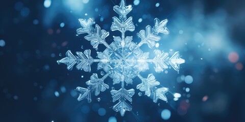 Fototapeta premium A snowflake on a blue background with blurred lights, Christmas background, Generative AI