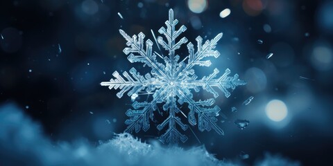 Fototapeta na wymiar A snowflake on a blue background with blurred lights, Christmas background, Generative AI