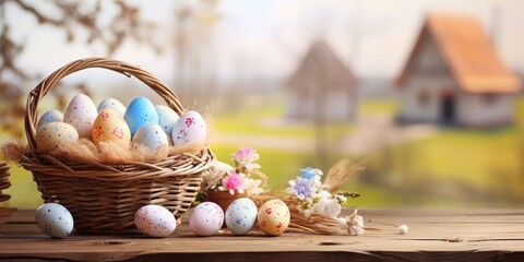 Obraz premium Basket with colorful Easter eggs on a wooden table with a farm landscape in the background, Generative AI