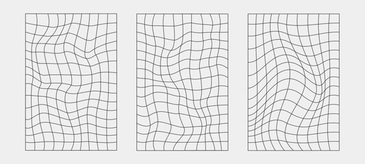 Abstract wireframes, cyberpunk elements and perspective black grids and spheres. Surreal geometric retro futuristic set. Psychedelic y2k shapes. Rave vector elements and signs in trendy psychedelic.