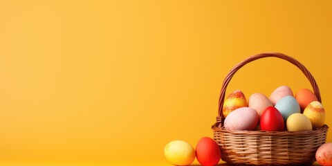 Straw basket with colorful Easter eggs on yellow background, Generative AI	