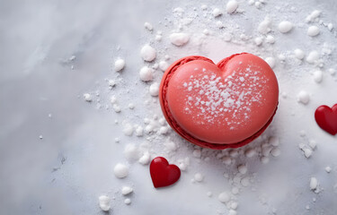 Fototapeta premium red heart shape macaron cookie on grey snowy background top view