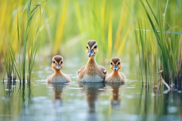 duck family in a row, dwarfed by tall pond grasses