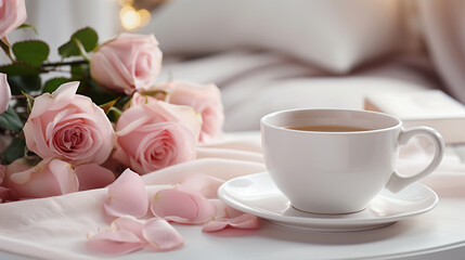 pink roses and white coffee cup  on white background,Beautiful