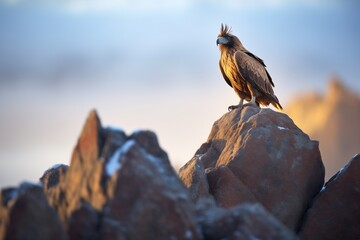 golden eagle perched on rocky outcrop at sunset